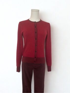 Ann Taylor Red Houndstooth Button-Front Cardigan